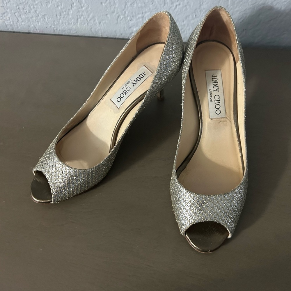 SOLD Jimmy Choo London Gold Lurex Fabric Evelyn Open Toe Pumps Size 36